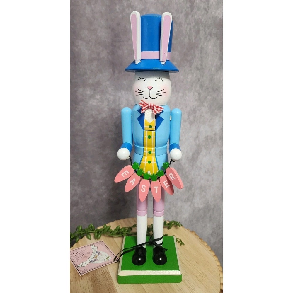 Tophat & Tail Easter Bunny Nutcracker‎ Blue Pink Wooden Spring Carrots 14" NEW